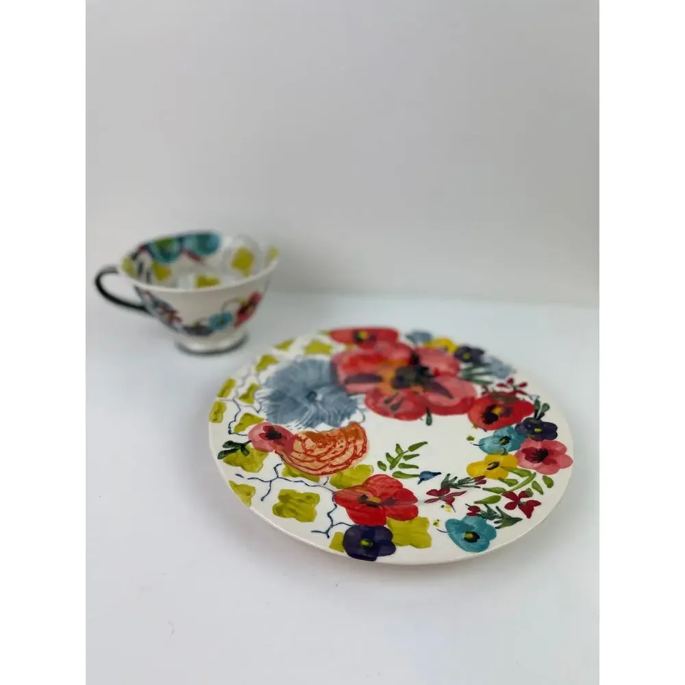Anthropologie Estudio Flores Floral Tea Cup and Saucer Bright Floral Handpainted